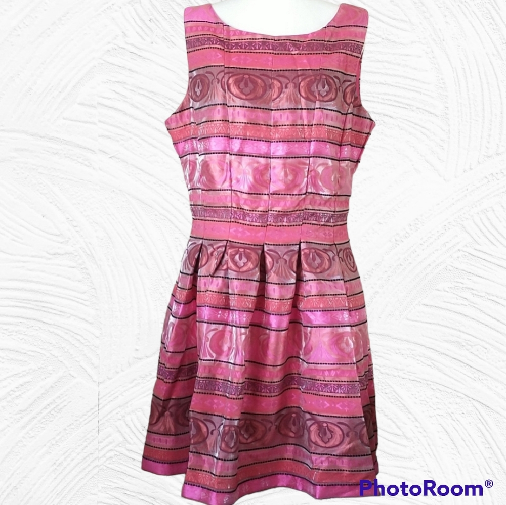 Chetta B dress sleeveless round neck fit & flare striped pink orange plus 16